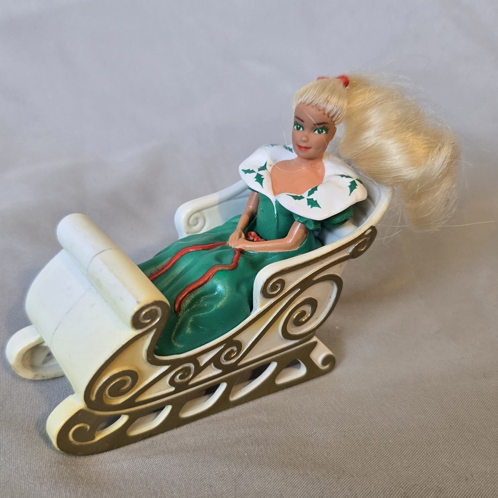 Vintage Barbie Christmas Doll White Sleigh Blonde Holiday Decoration 4" Cake Top